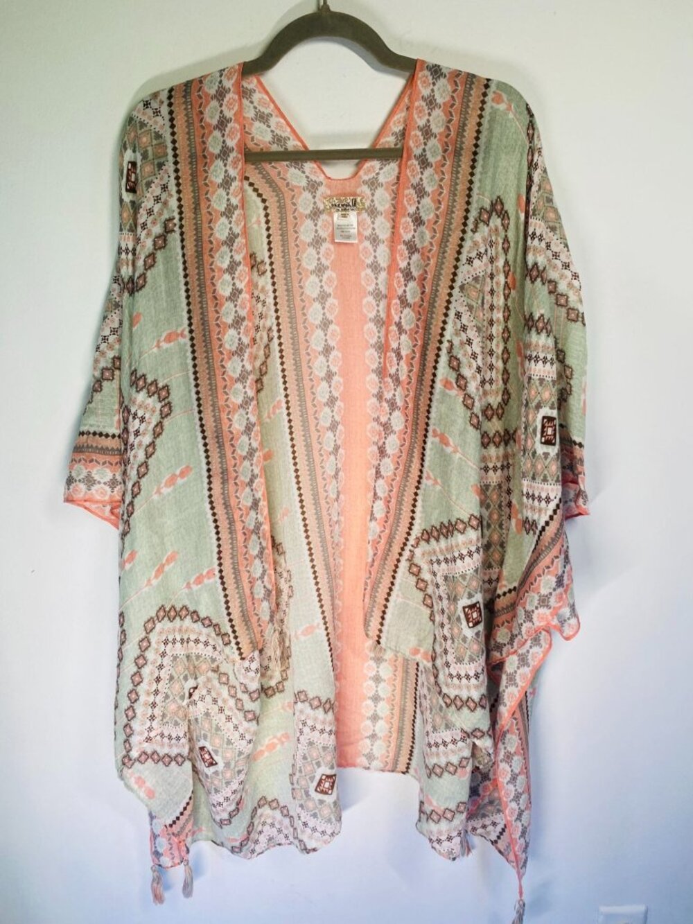 One World Womens Boho Tassel Kimono Cardigan Peach & Mint One Size Lightweight O